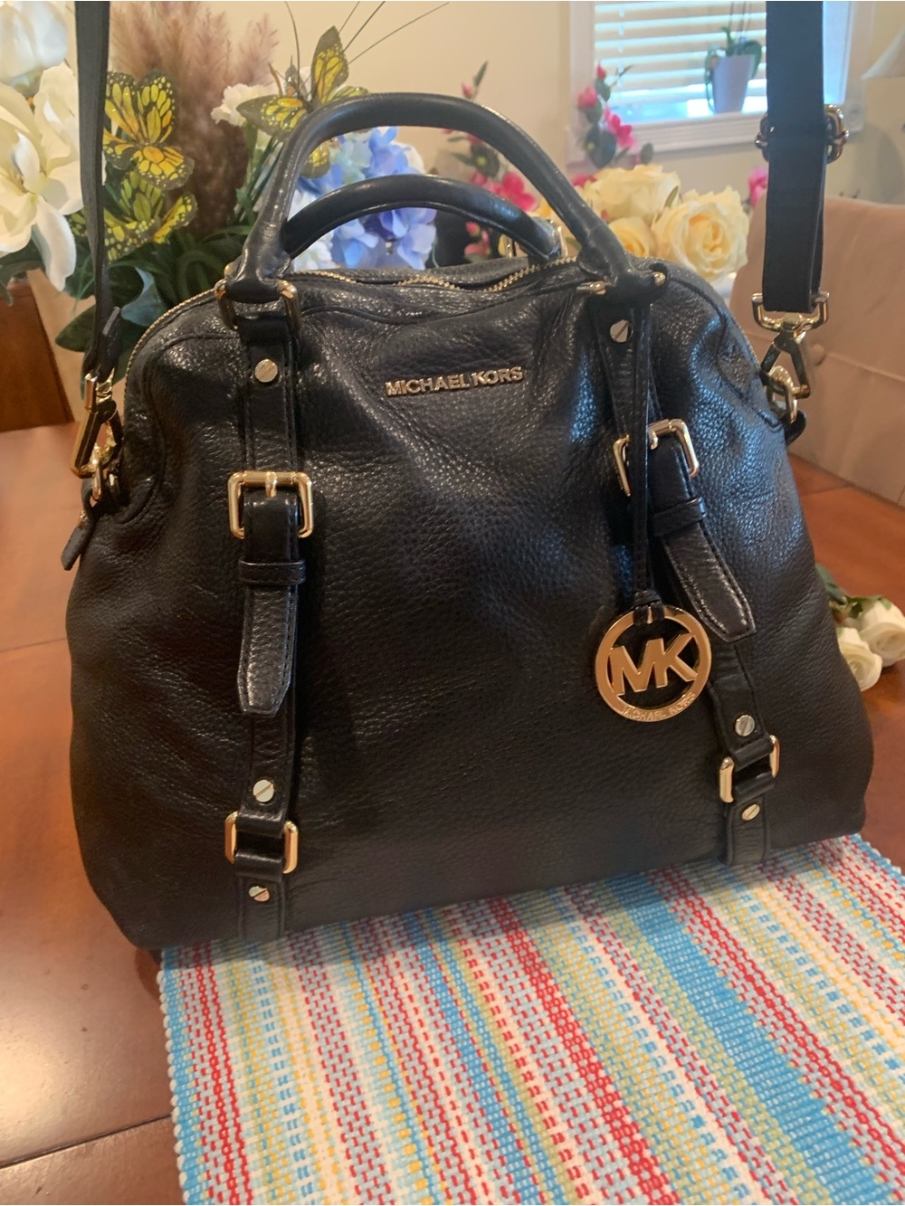 Michael Kors Large Black Leather Satchel with Gold Hardware